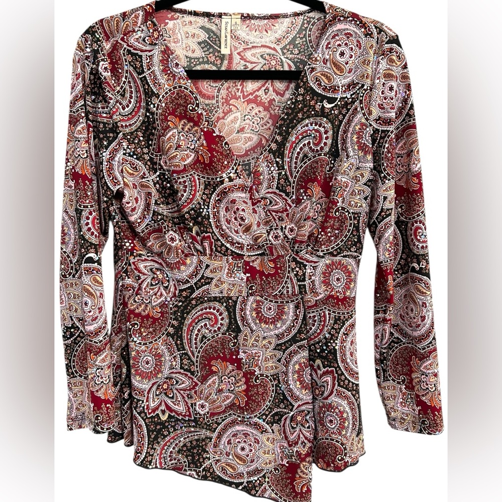 Y2K Retro Women’s VNeck‎ Red Paisley Rhinestone Babydoll 3/4 Sleeve Top Small
